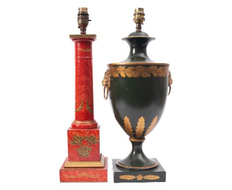A painted and parcel gilt toleware table lamp in Regency style, modern; of urn form, with twin handles, 46cm high including e