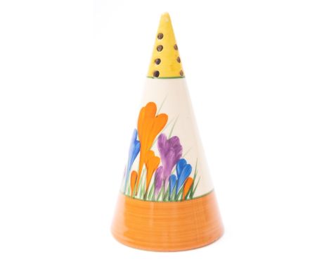 A Clarice Cliff Bizarre conical sugar sifter decorated in the 'Crocus' pattern, printed marks, circa 1930-35, 14cm.