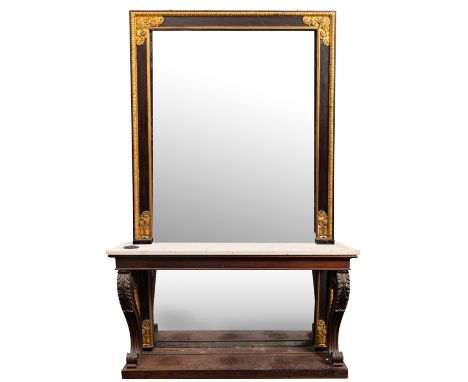 A fine Regency rosewood ebonised and parcel gilt console table with mirror, circa 1815; the rectangular cassetta frame with m