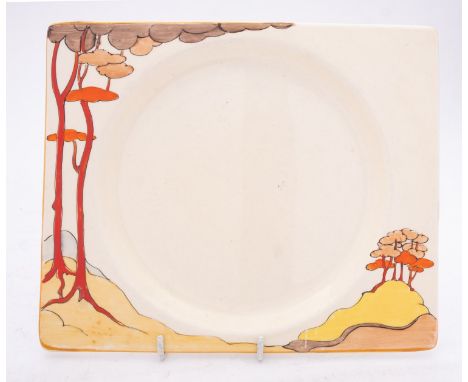 A Clarice Cliff Biarritz rectangular plate decorated in the 'Coral Firs' pattern, printed marks, circa 1933, 22.5 x 19cm.