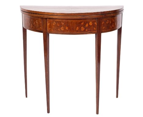 A 19th Century rosewood and floral marquetry half round card table, bordered with boxwood lines, the quarter veneered and bai