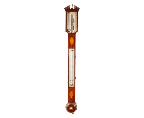 A Georgian mahogany stick barometer the silvered dial engraved with barometric markings, vernier gauge, hygrometer and signed