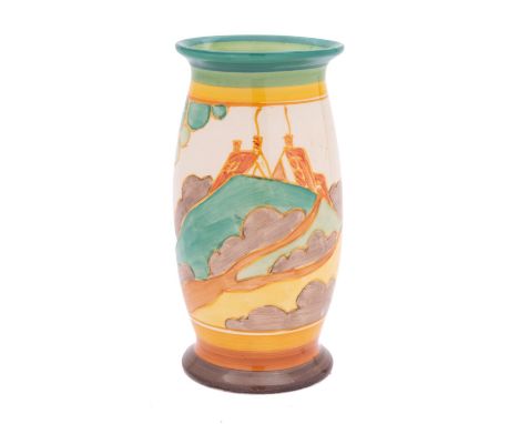 A Clarice Cliff Fantasque Bizarre vase with flared rim and footrim decorated in the 'Secrets' pattern, printed marks, circa 1