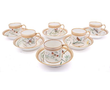 A set of six Royal Worcester porcelain coffee cans and six saucers painted with insects amongst grasses and other plants with