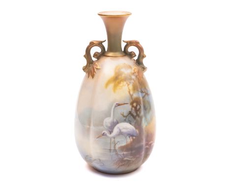 A Royal Worcester Hadley Ware vase by Walter Powell of lobed ovoid form with stalk handles, painted with two storks in a lake