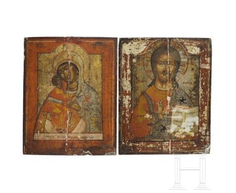 Zwei Ikonen Gottesmutter Feodorowskaja und Christus Pantokrator, Russland, 19. Jhdt.    Holztafel mit zwei Rückseiten-Sponki 