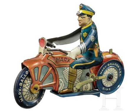 Polizei-Motorradfahrer von Marx Toys mit Aufziehschlüssel  Marx Toys, Polizei-Motorradfahrer, 30/40er Jahre, Uhrwerk läuft, s