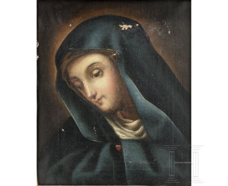 Marienbildnis im geschnitzten Rahmen, wohl deutsch, 19. Jhdt.  Öl auf Leinwand. Büstenportrait Mariens mit demütig gesenktem 