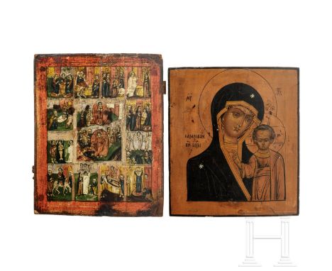 Zwei Ikonen - Gottesmutter von Kasan und Festtagsikone, Russland, 19. Jhdt.   Holztafel mit zwei Rückseiten-Sponki, Tempera a