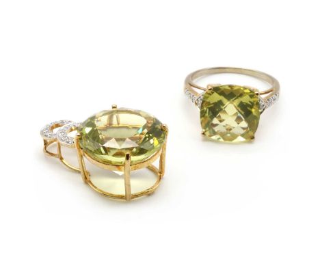 A 9ct gold citrine or lemon quartz and diamond ring,Birmingham,together with a 9ct gold citrine or lemon quartz and diamond p