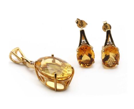 A pair of 9ct gold citrine and diamond earrings,with post and butterfly fittings, Birmingham, 17mm long, together with a 9ct 