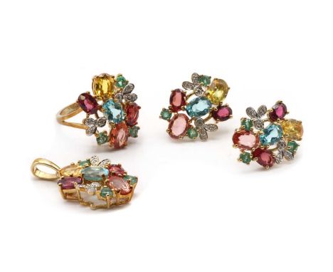 A 9ct gold assorted gemstone and diamond ring, pendant and earrings suite,each designed as a cluster of assorted gemstones, t