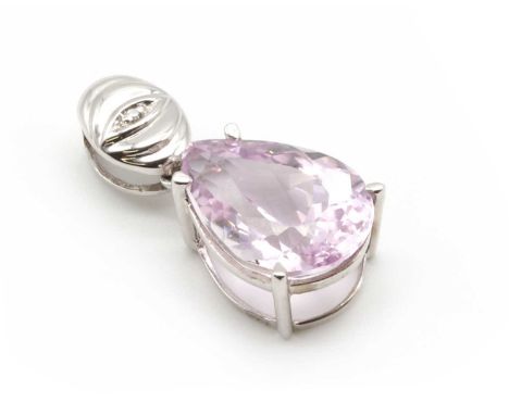 A 9ct white gold kunzite and diamond pendant, with a pear mixed cut kunzite, approximately 15 x 11mm, claw set, to an oval ar