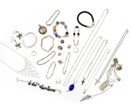 A collection of silver jewellery, to include a hammered torque bangle, a diamond set pendant suspended on a snake chain, a si