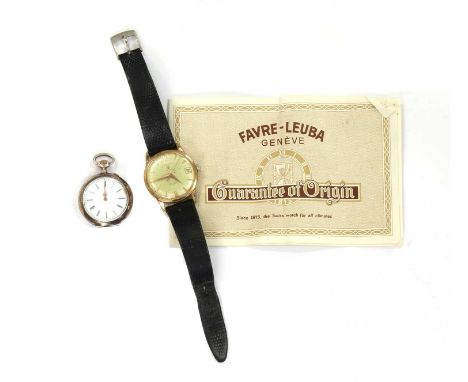 A gold plated Favre-Leuba 'Daymatic' automatic strap watch, with baton hour markers, date aperture at '3' and centre second s