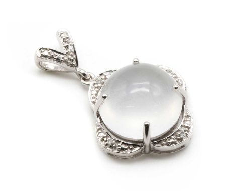 A 9ct white gold star quartz and diamond pendant,with a round cabochon star quartz, approximately 14 x 9mm, claw set, to lobe
