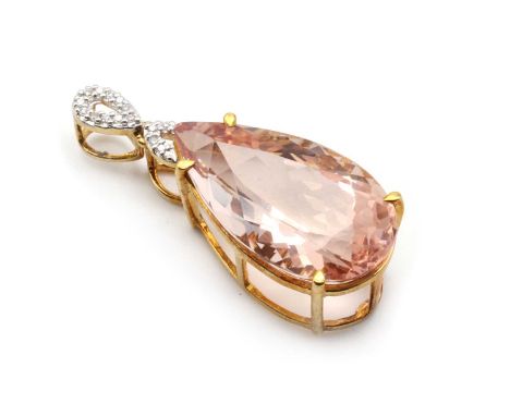 A 9ct gold morganite and diamond pendant, a pear mixed cut morganite, approximately 24 x 14mm, claw set, to an eight cut diam