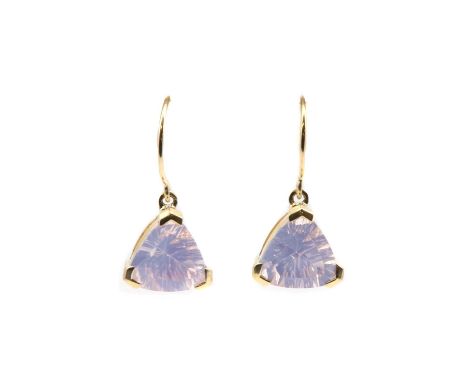 A pair of 9ct gold rose quartz drop earrings, with a triangular faceted rose quartz, approximately 10mm, claw set to hook fit