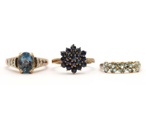 Three 9ct gold rings,comprising a sapphire cluster ring, a colour change fluorite and diamond ring, and an apatite and diamon