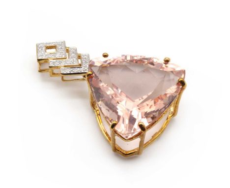 A 9ct gold morganite and diamond pendant, with a triangular mixed cut morganite, approximately 21 x 12mm, claw set, to an art