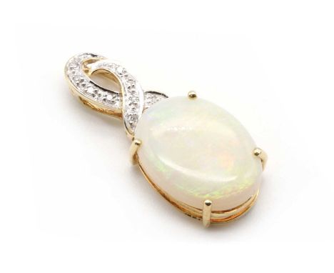 A 9ct gold opal and diamond pendant,with an oval cabochon opal, approximately 16 x 12mm, to a scrolling bale grain set with e