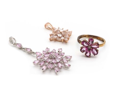 A 9ct white gold pink sapphire and diamond pendant, Birmingham, 55mm long,together with a 9ct rose gold morganite cluster pen