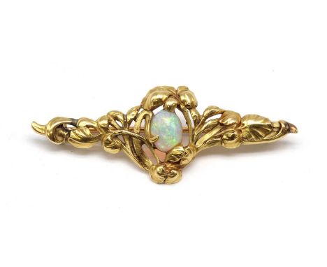 A French Art Nouveau gold single stone opal bar brooch, an oval cabochon opal, claw set, to tapering floral frame, with pin a