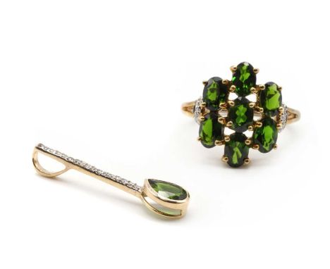 A 9ct gold chrome diopside and diamond cluster ring,Birmingham, cluster 17.5 x 14.0mm, together with a gold chrome diopside a