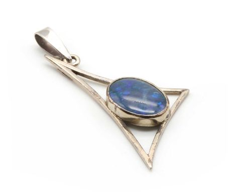 A white gold opal triplet pendant, with an oval opal triplet, rub set, to openwork triangular frame, tested as approximately 