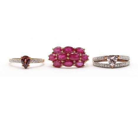 Three 9ct gold rings,comprising a fracture filled ruby ring, a morganite and diamond ring, and a zircon and diamond ring, all