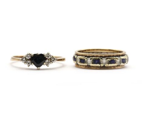 Two 9ct gold rings, comprising a synthetic spinel eternity ring, London 1968, and a sapphire and diamond ring, London 1988, 5