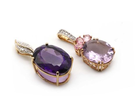 A 9ct gold amethyst, pink tourmaline and diamond pendant, Birmingham, 31mm long,together with a 9ct gold amethyst and diamond