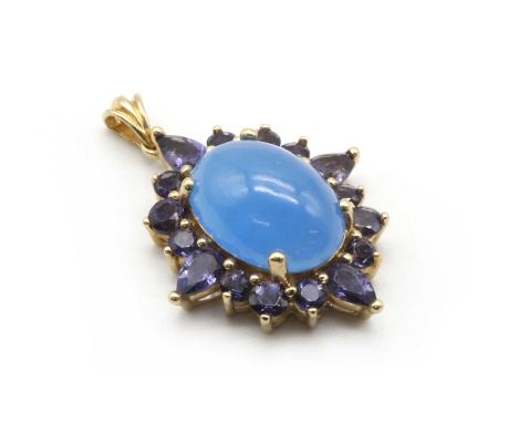 A 9ct gold dyed jade and iolite cluster pendant, with an oval dyed blue jade cabochon, to surround of pear and round mixed cu