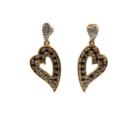 A pair of 9ct gold heart shaped drop earrings, with an openwork heart grain set with black gemstones, surmounted by a heart s