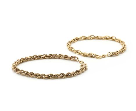 Two 9ct gold bracelets,comprising a hollow rope link bracelet with bolt ring clasp, import hallmark Sheffield 1979, 185mm lon