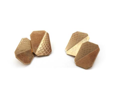 A pair of 9ct gold cufflinks, rectangular faced with canted corners and engine turned decoration, to chain link connectors, B