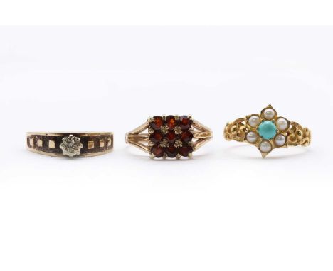 Three 9ct gold rings, comprising a garnet square cluster ring, Birmingham 1977, a turquoise and split pearl cluster ring, Lon