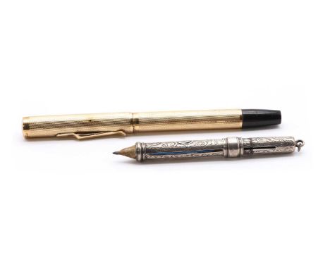 A 9ct gold cased fountain pen, with engine turned decoration, engraved 1888-1938, London 1937, together with a sterling silve