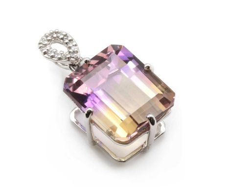 A 9ct white gold ametrine and diamond pendant, with an emerald cut ametrine, approximately 14 x 12mm, claw set, to an articul