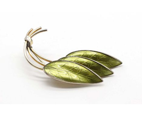 A Norwegian silver gilt enamel brooch, by Ivar T Holth, a foliate spray brooch with green enamel leaves, with pin and roller 