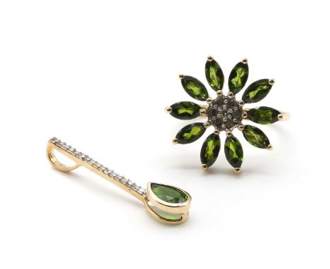 A 9ct gold diamond and chrome diopside cluster ring, with a plain shank, Birmingham,together with a gold chrome diopside and 