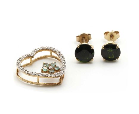 A pair of 9ct gold single stone chrome diopside stud earrings, the stones approximately 7mm in size, Birmingham,together with