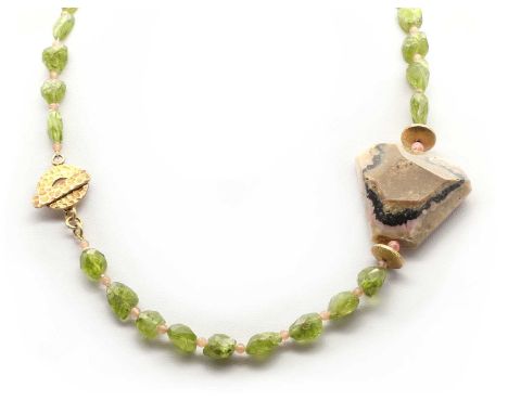 A collection of bead necklaces, to include an opal, rhodochrosite and peridot necklace, with a freeform potch opal pendant, w