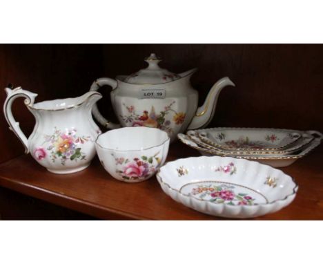 A ROYAL CROWN DERBY 'DERBY POSES PATTERNED' TEAPOT, CREAM &amp; SUGAR, together with a selection of similar floral decorated 