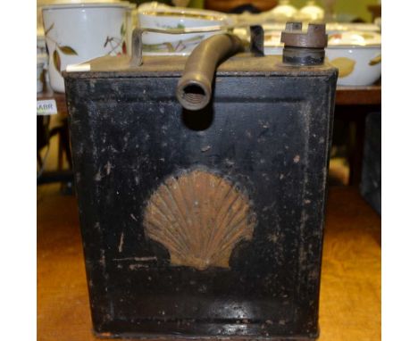 A VINTAGE SHELL BRANDED PETROL CAN complete with original filling hose 