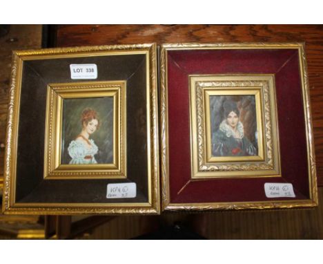 TWO REPRODUCTION FEMALE PORTRAIT MINIATURES in velvet lined frames 