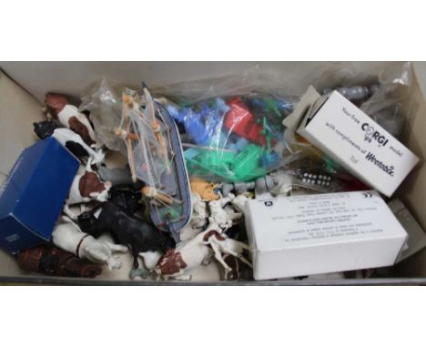 A SHOE BOX CONTAINING MODEL ANIMALS, the majority from the farm, together with boxed collector's vehicles and similar items 