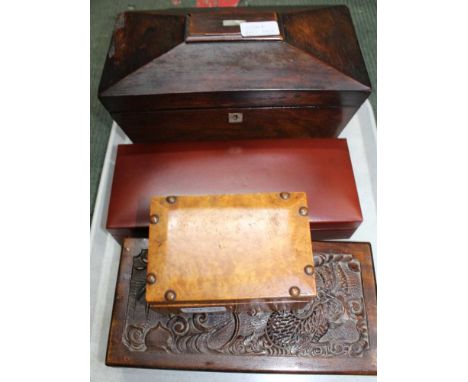 A 19TH CENTURY SARCOPHAGUS TEA CADDY containing sewing accoutrements etc., together with a cased games compendium, and two em