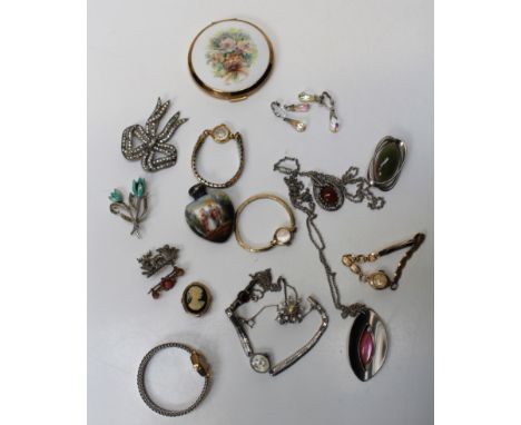 A collection of jewellery to include a 9ct gold cased Arnex watch on a 1/20 gold filled bracelet, an Edwardian paste bow broo
