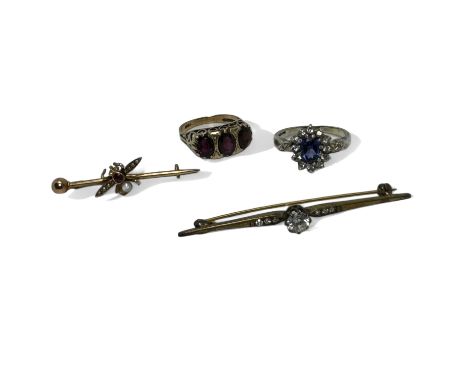 A small parcel of 9ct gold and other jewellery. Comprising a 9ct gold garnet trilogy ring, size O1/2; a "15ct" stamped and te